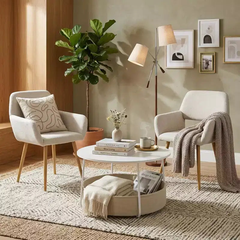 Set sedia d'accento senza braccioli in lino beige e tavolino da caffè, 2 posti