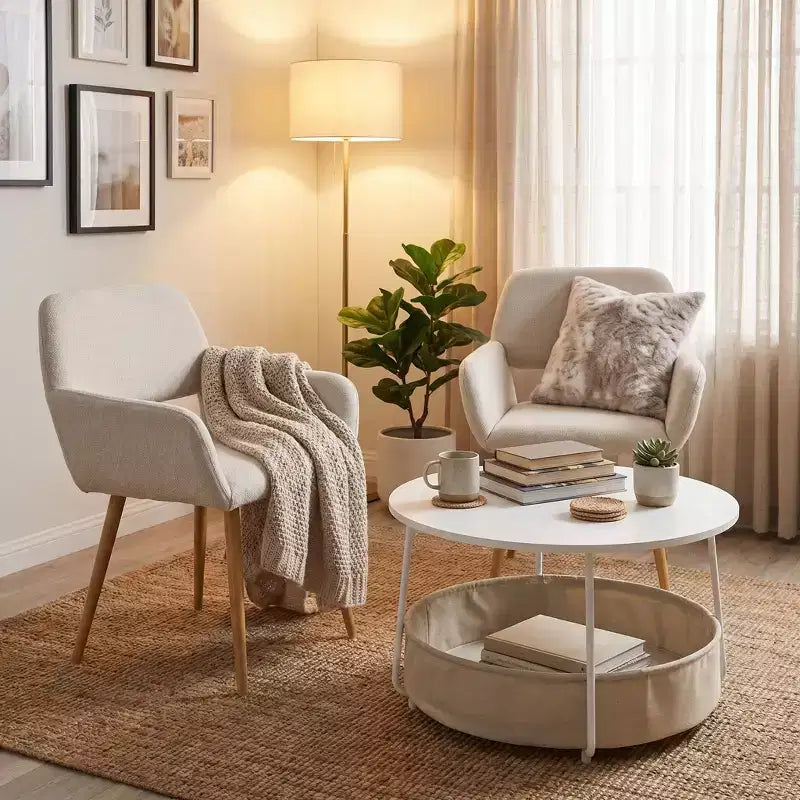 Set sedia d'accento senza braccioli in lino beige e tavolino da caffè, 2 posti