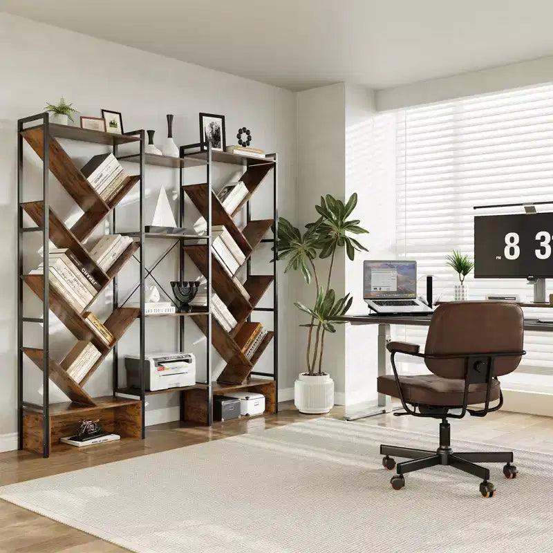 Libreria ad albero a 6 ripiani Nera / Marrone / Bianca, Stile Industriale, Monoposto