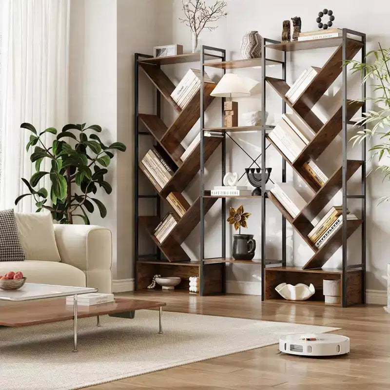 Libreria ad albero a 6 ripiani Nera / Marrone / Bianca, Stile Industriale, Monoposto