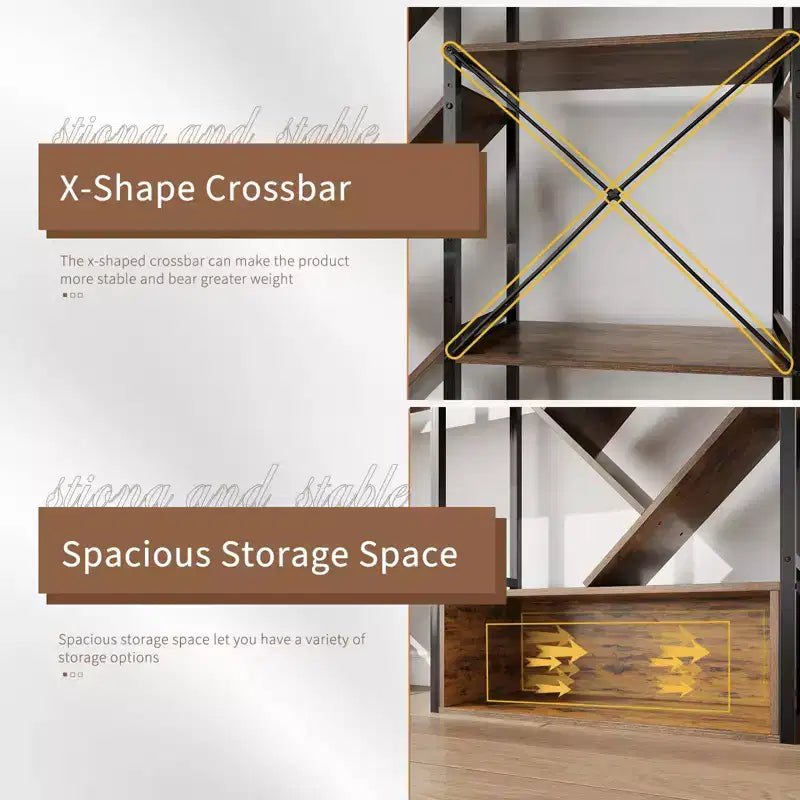 Libreria ad albero a 6 ripiani Nera / Marrone / Bianca, Stile Industriale, Monoposto