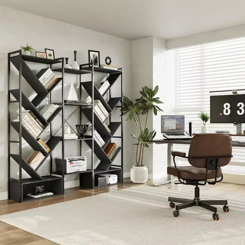 Libreria ad albero a 6 ripiani Nera / Marrone / Bianca, Stile Industriale, Monoposto