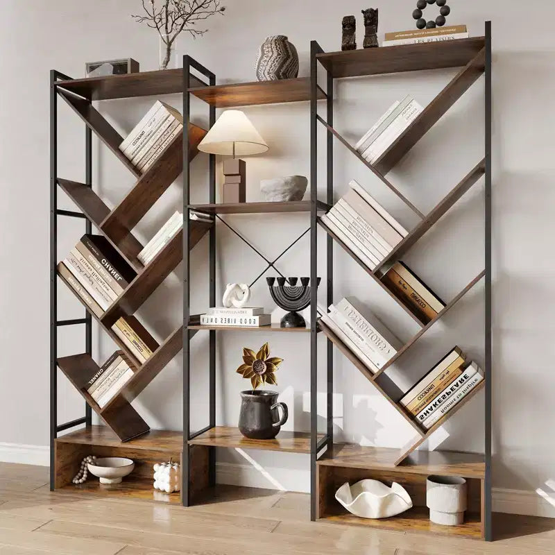 Libreria ad albero a 6 ripiani Nera / Marrone / Bianca, Stile Industriale, Monoposto